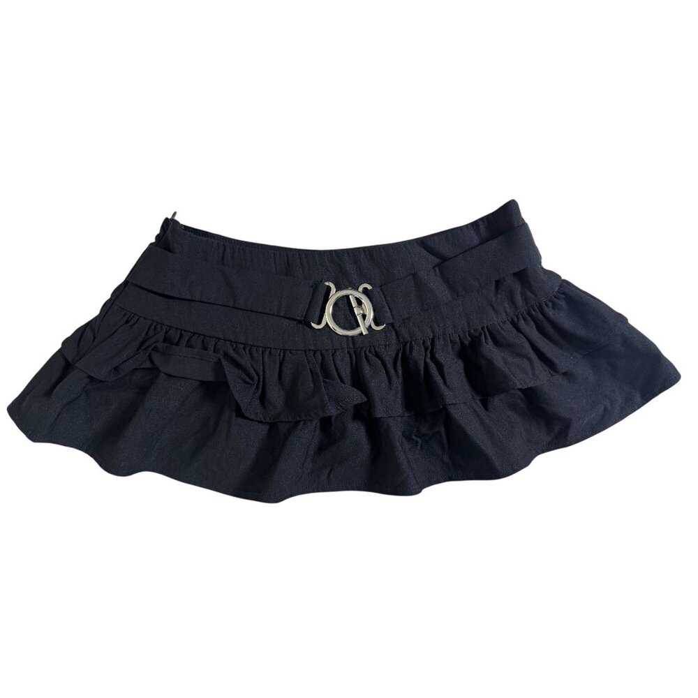 Shein‎ Womens Black Ruffled Micro Mini Skirt Belted Size Small Y2k 90s Punk Emo